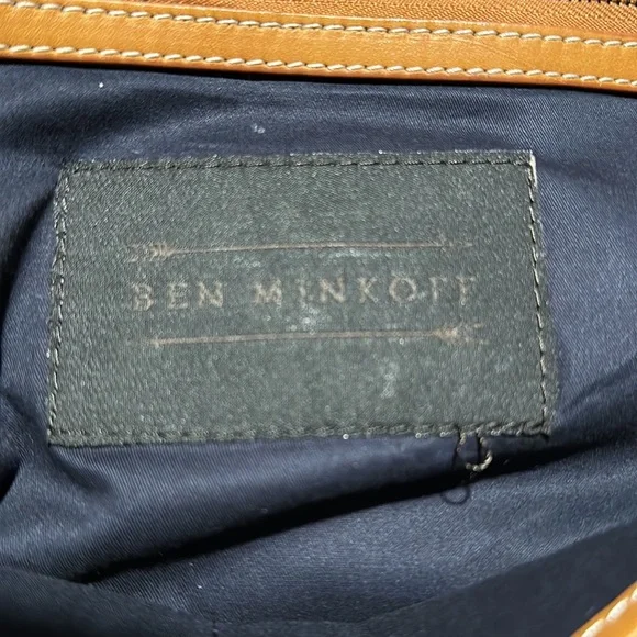 Ben Minkoff Navy Blue Waxed Canvas & Vachetta Leather Trim Laptop Bag EUC